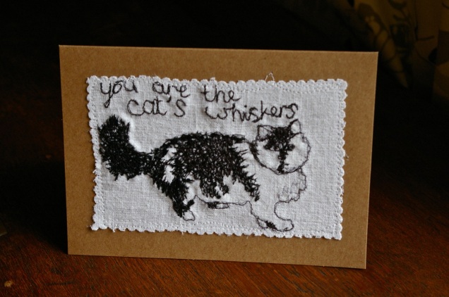 free motion machine embroidery cat's whiskers Valentine's card